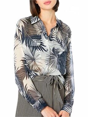 Equipment Palm-Print Sheer Button-Down Blouse in Navy and White